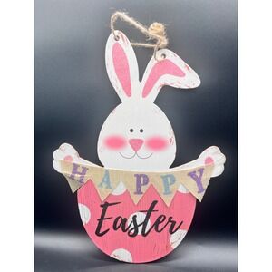 Happy Easter Bunny Wooden Wall Hanging Sign Pink Glitter Polka Dot Egg Decor 15"